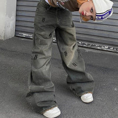 Jean taille basse style rétro style hip-hop, imprimé vieilli, simple, lettres graphiques, ample, décontracté, jambes larges