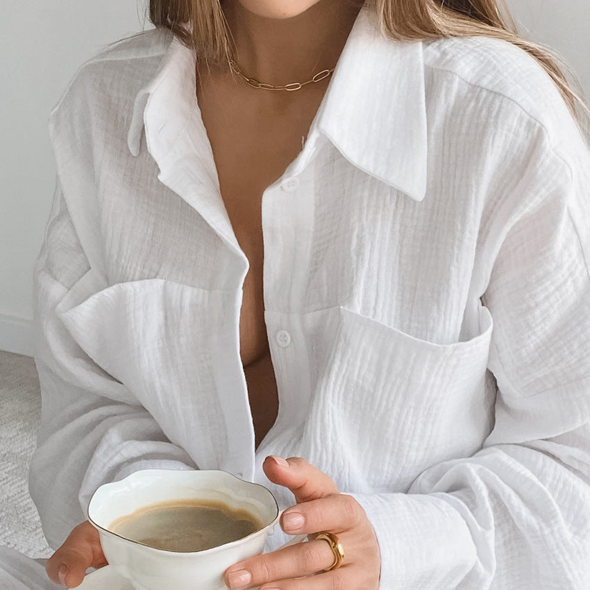 Double Layer Crepe Collared French Loose Comfortable Long Sleeve Pajamas Homewear Suit