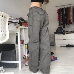Jean cargo taille basse à lacets, couleur unie, multi-poches, pantalon patchwork amincissant