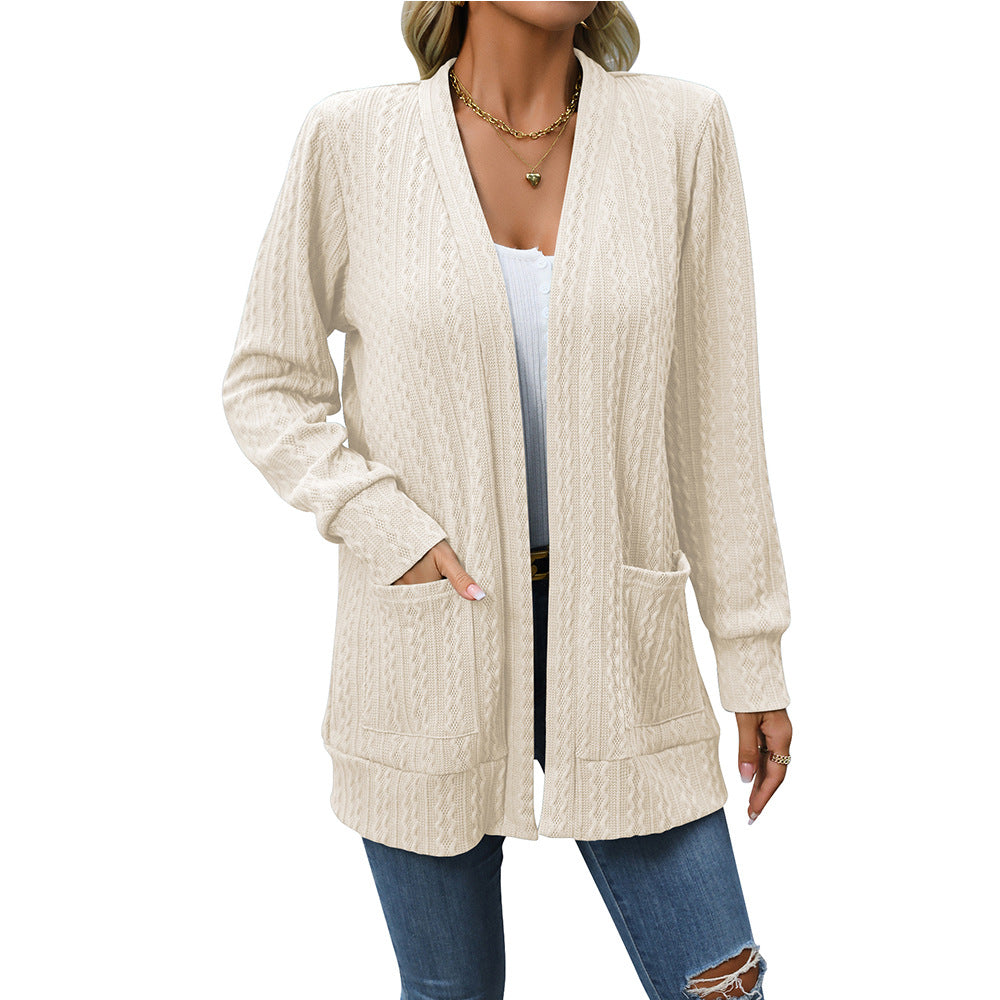 Solid Color Loose Shawl Mid Length Cable Knit Sweater Cardigan