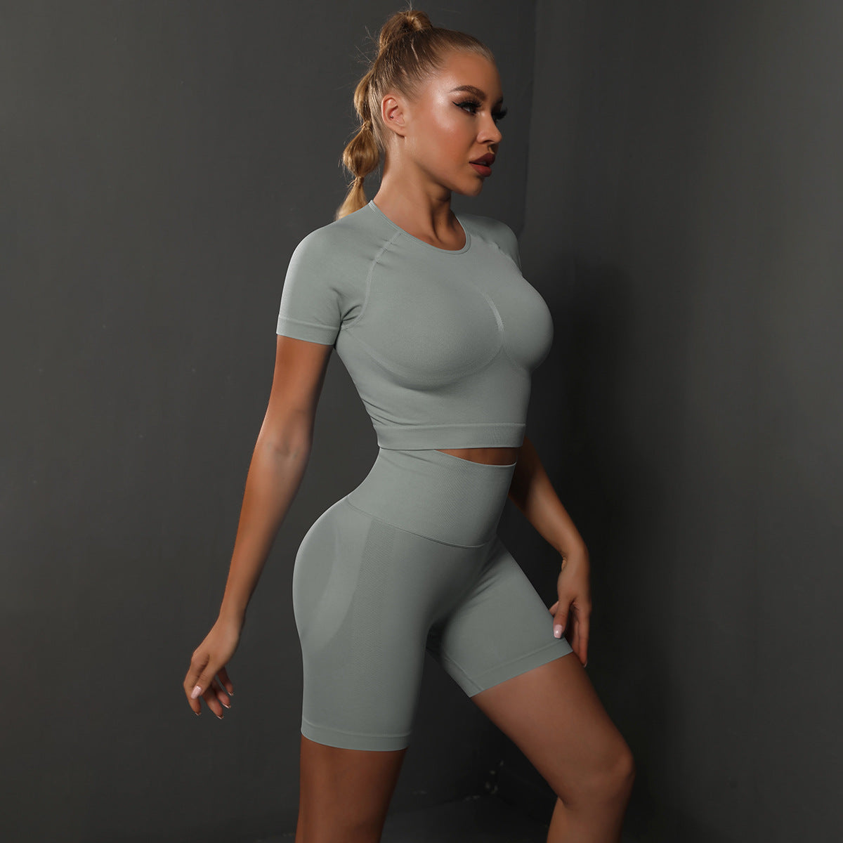 Seamless Peach Hip Solid Color High Elastic Yoga Short Sleeve Shorts Suit Running Sports Fitness Two Piece Suit
