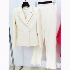 Star Simple Cream Color Hidden Hook Waist Tight Suit Bell Bottom Pants Suit Two Piece Suit