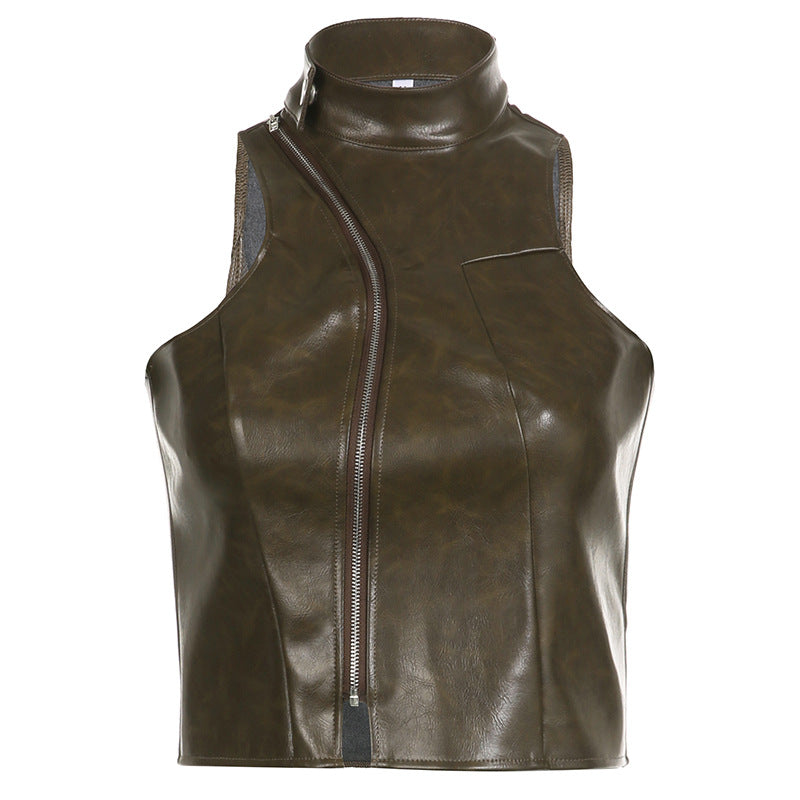 Retro Distressed Locomotive Leather Vest Half Turtleneck Zipper Stitching Irregular Asymmetric Shoulder Digging Vest Top