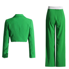 Casual Short Blazer Flanging High Waist Straight Pants Suit Two Piece Set