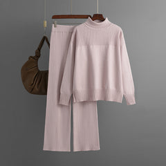 Knitted Pullover Solid Color High Collar Loose Casual Sweater Two Piece Set