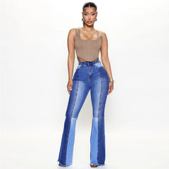 Jean extensible taille haute, pantalon patchwork bicolore