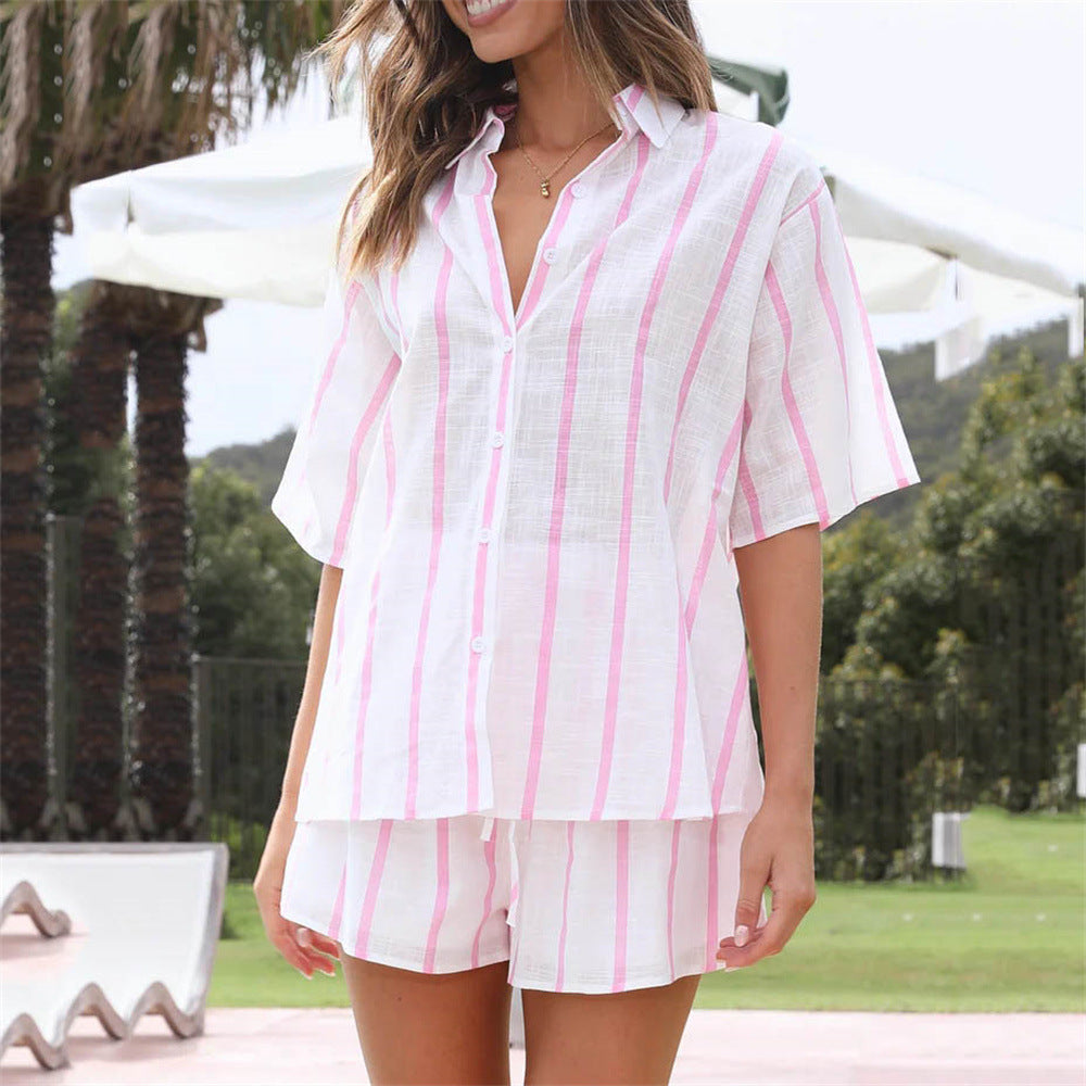 Striped Printed Short Sleeve Shirt Shorts Suit Beach Casual Two Piece Suit