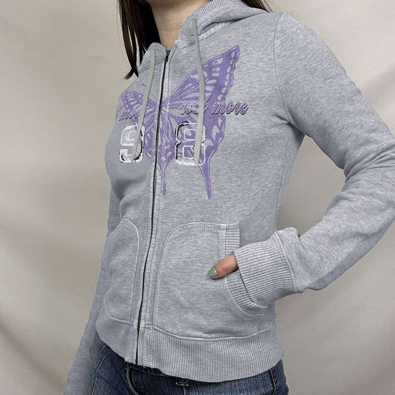 Cardigan à capuche imprimé papillon, manteau zippé, manches longues, haut décontracté