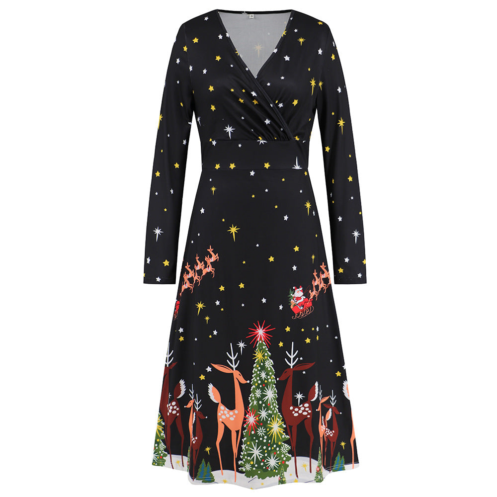 V Neck Long Sleeved Christmas Printed Dress Christmas Dress Year Party Play Maxi Dress