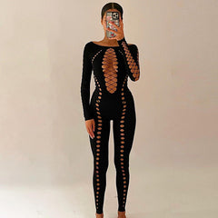 off Shoulder Long-Sleeved One Piece Trousers Hollow Out Cutout out See through