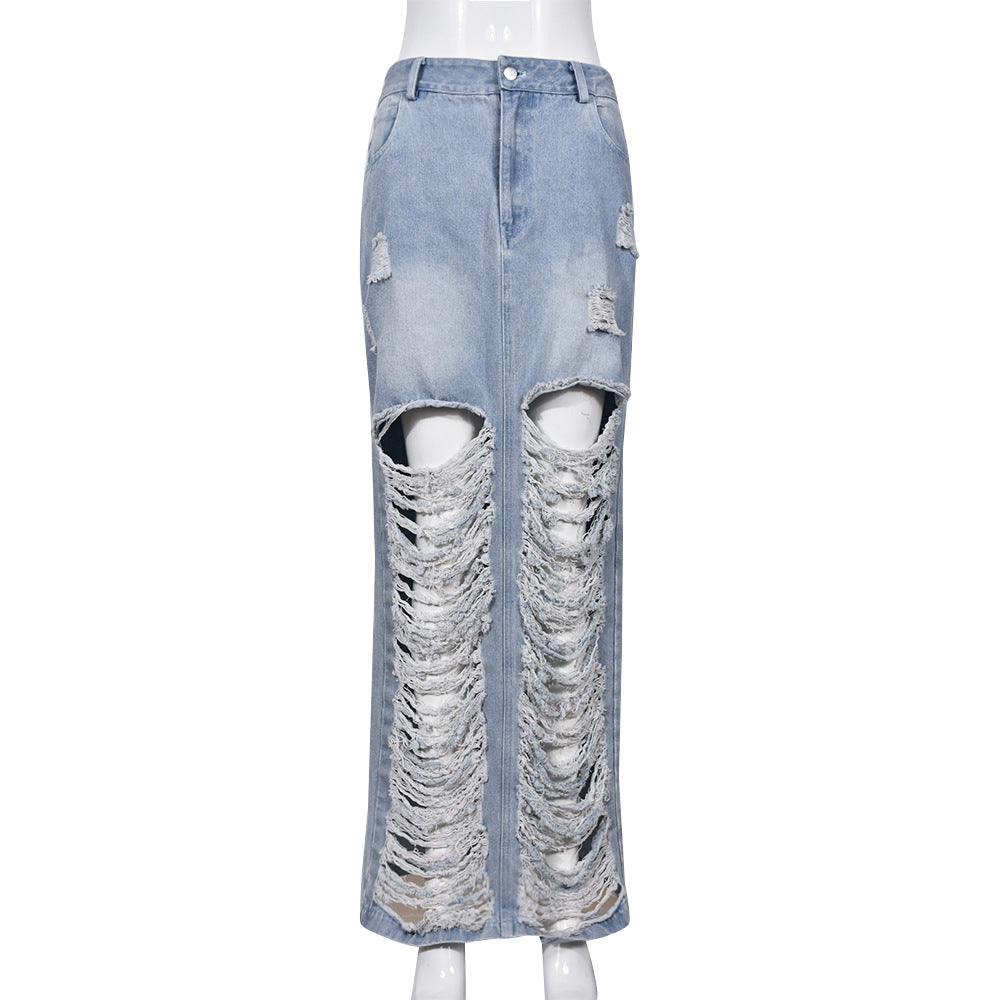 Jupe à franges fendue en denim délavé personnalisé, produit haut de gamme streetwear