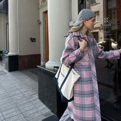 Long Sleeve Collared Plaid Coat Casual Woolen Long Cut Coat