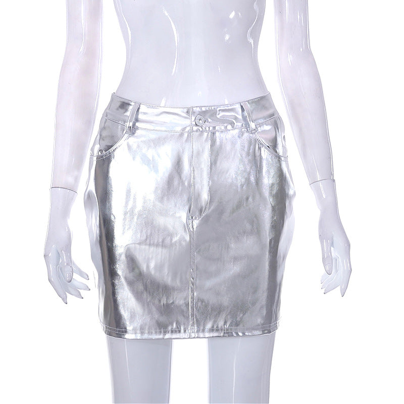 Street Kunstleder Spleißrock Trendy Metallic High Waist Rock