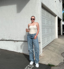Jean ample et droit taille haute, pantalon décontracté à jambes larges et amincissant
