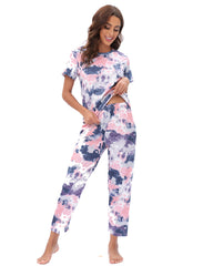 Home Wear Pajamas Two Piece Set Short Sleeve Trousers Suit Leopard Print Tie Dye