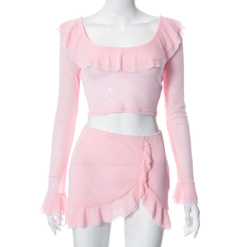 Pink Ruffled Suit Pink Ruffled Hooded Low Collar Suit – Evshp