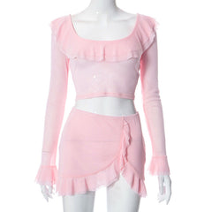 Costume rose à capuche et col bas à volants