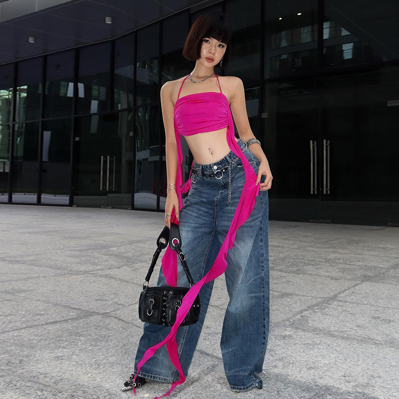 Halterneck off Shoulder Solid Color Irregular Asymmetric Short Top