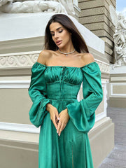 Dress Long Sleeved Satin off Shoulder Lace up Dress