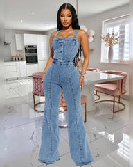 Denim-Jumpsuit, schmale Passform, Bodysuit, tailleneng, verwaschener Hosenträger-Jumpsuit