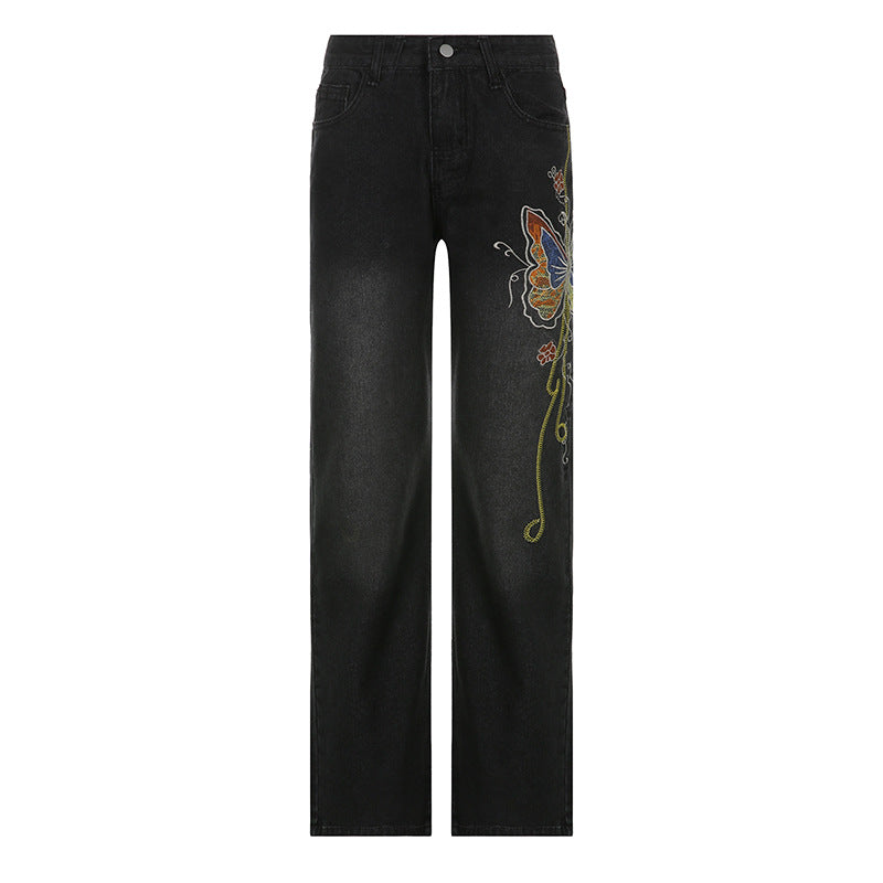 Jean rétro vieilli brodé de papillons, taille basse, pantalon droit pour le nettoyage du sol