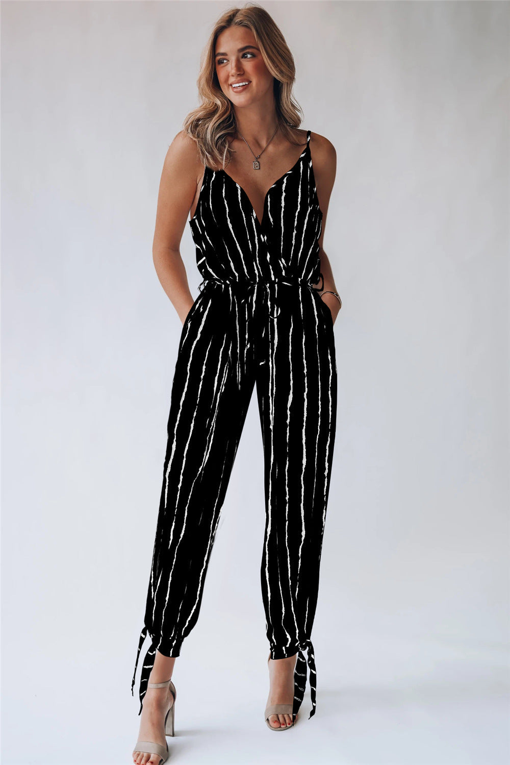 V neck Strap Lace up Striped Jumpsuit