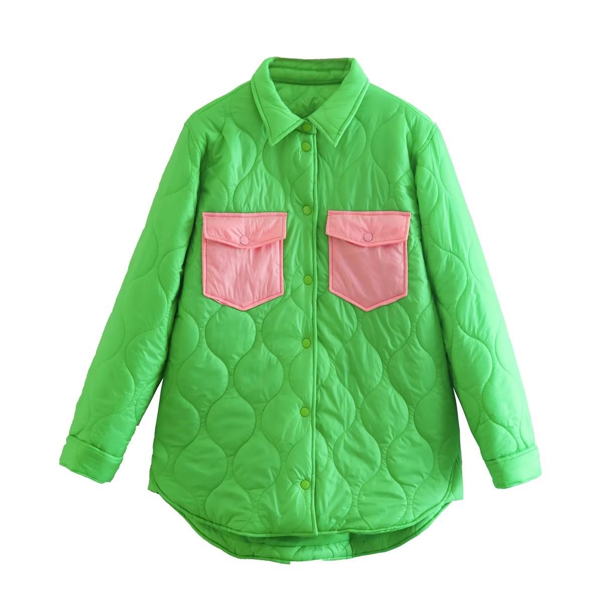 Loose Contrast Color Quilted Shirt Cotton Coat Jacket