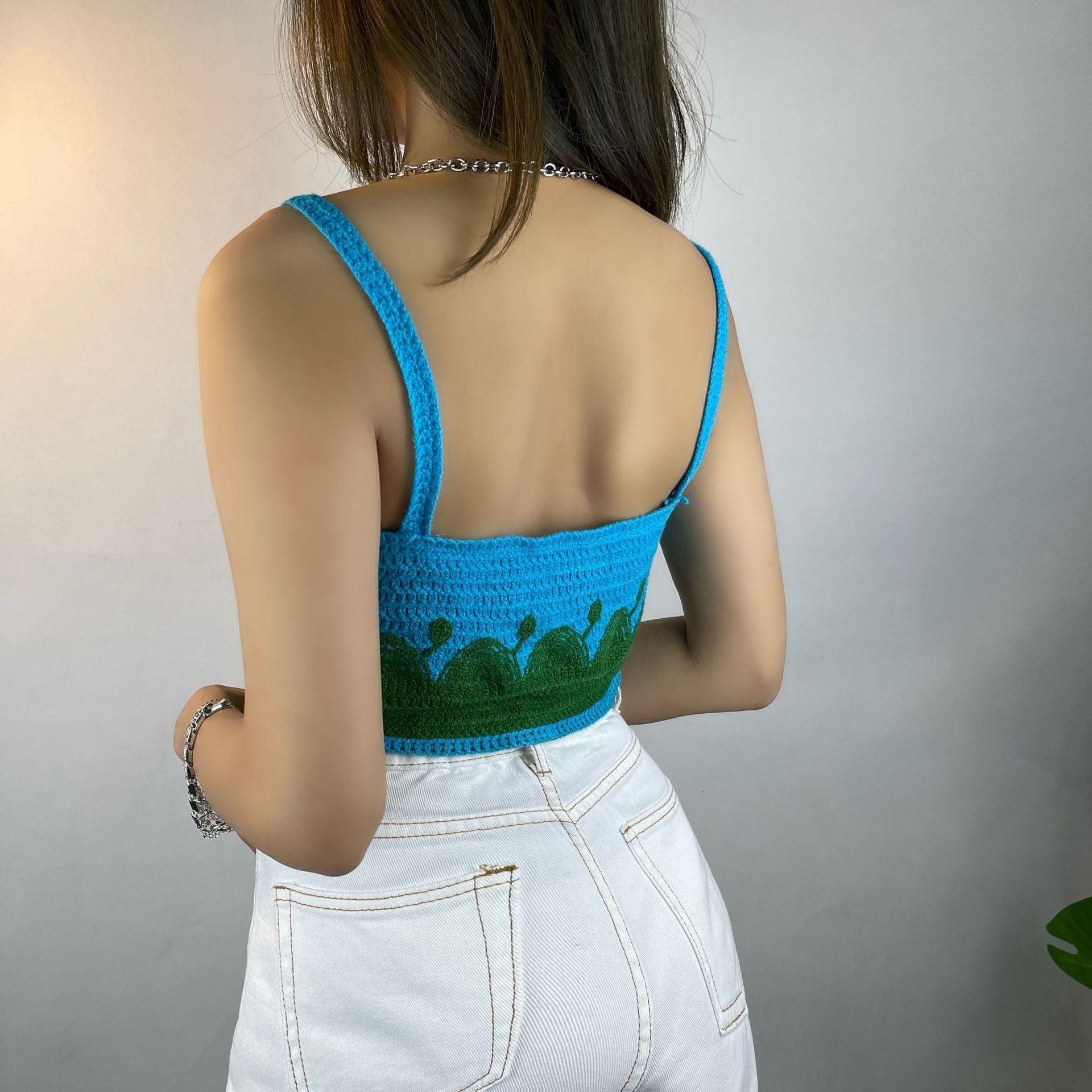 Fresh Blue Cloud Knitted Vest Camisole Exposed All Matching Short