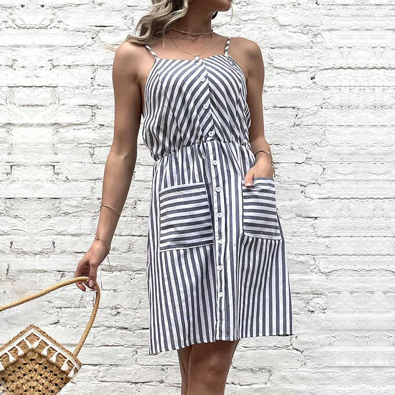 Suspender Gray Striped Cotton Linen Dress