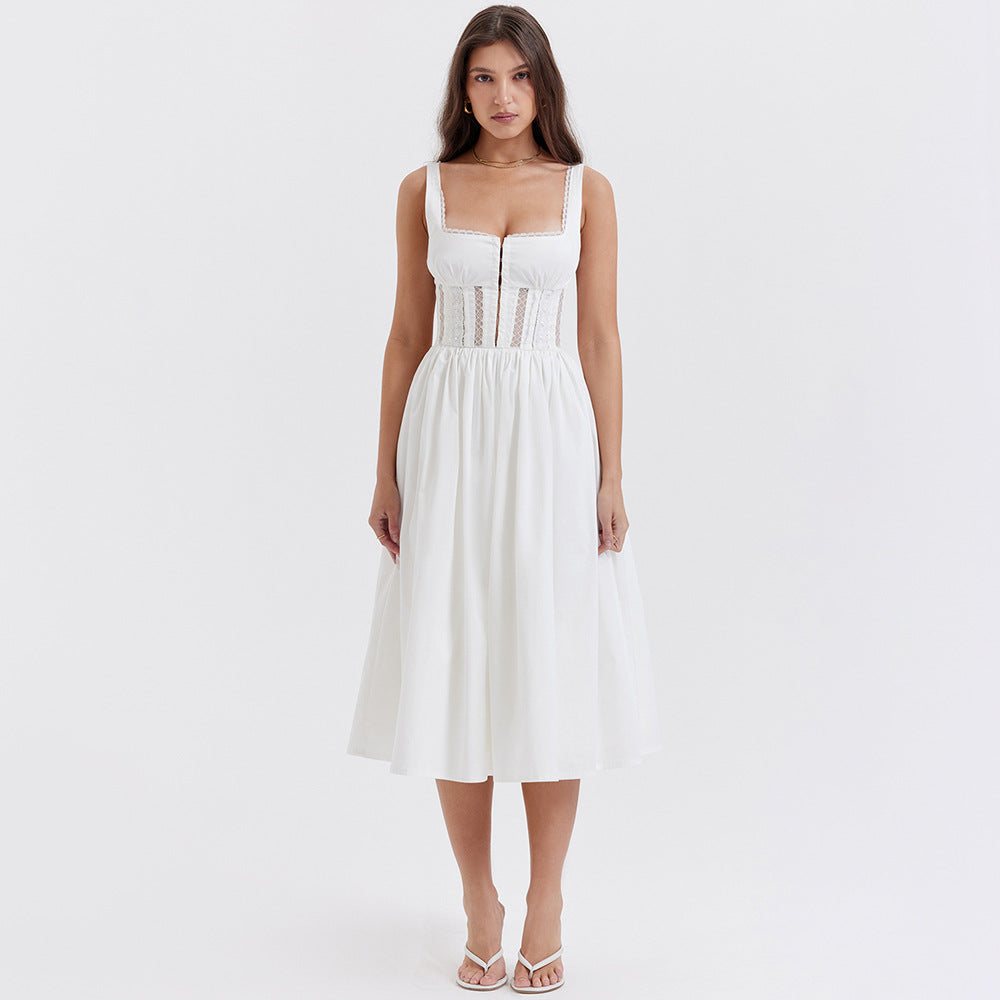 Kleid Weißes Midikleid Spitzenträgerkleid
