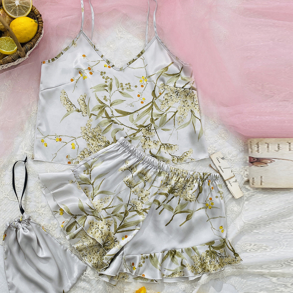 Imitated Silk Pajamas Two-Piece Printed Shorts Home Wear Suit Sling Dress