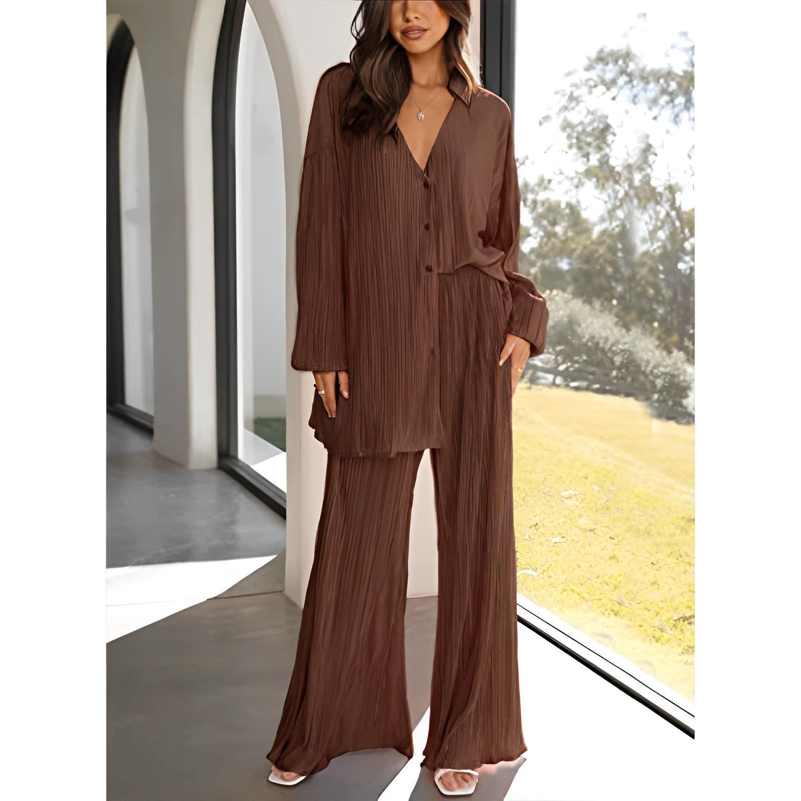 Solid Color Pleated Single Breasted Top High Waist Wide Leg Bell Bottoms Homewear Suit