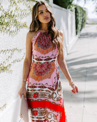 Neckholder-Maxikleid mit exotischem Druck und hoher Taille, ärmellos, Bürokleid