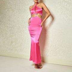 Dress Halter Stitching Hollow Out Cutout Sheath Dress