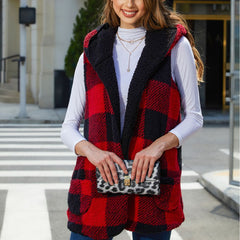 Fall Loose Hooded Buckle Cardigan Plaid Plush Vest Coat