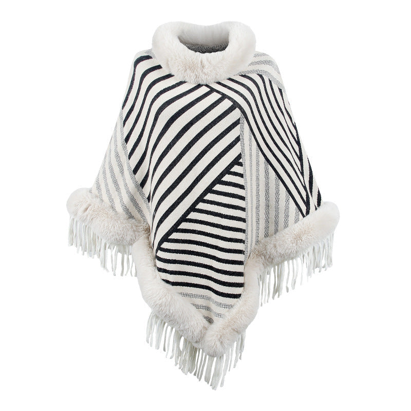 Fur Collar Pullover Tassel Knitted Cape Stripe Warm Shawl