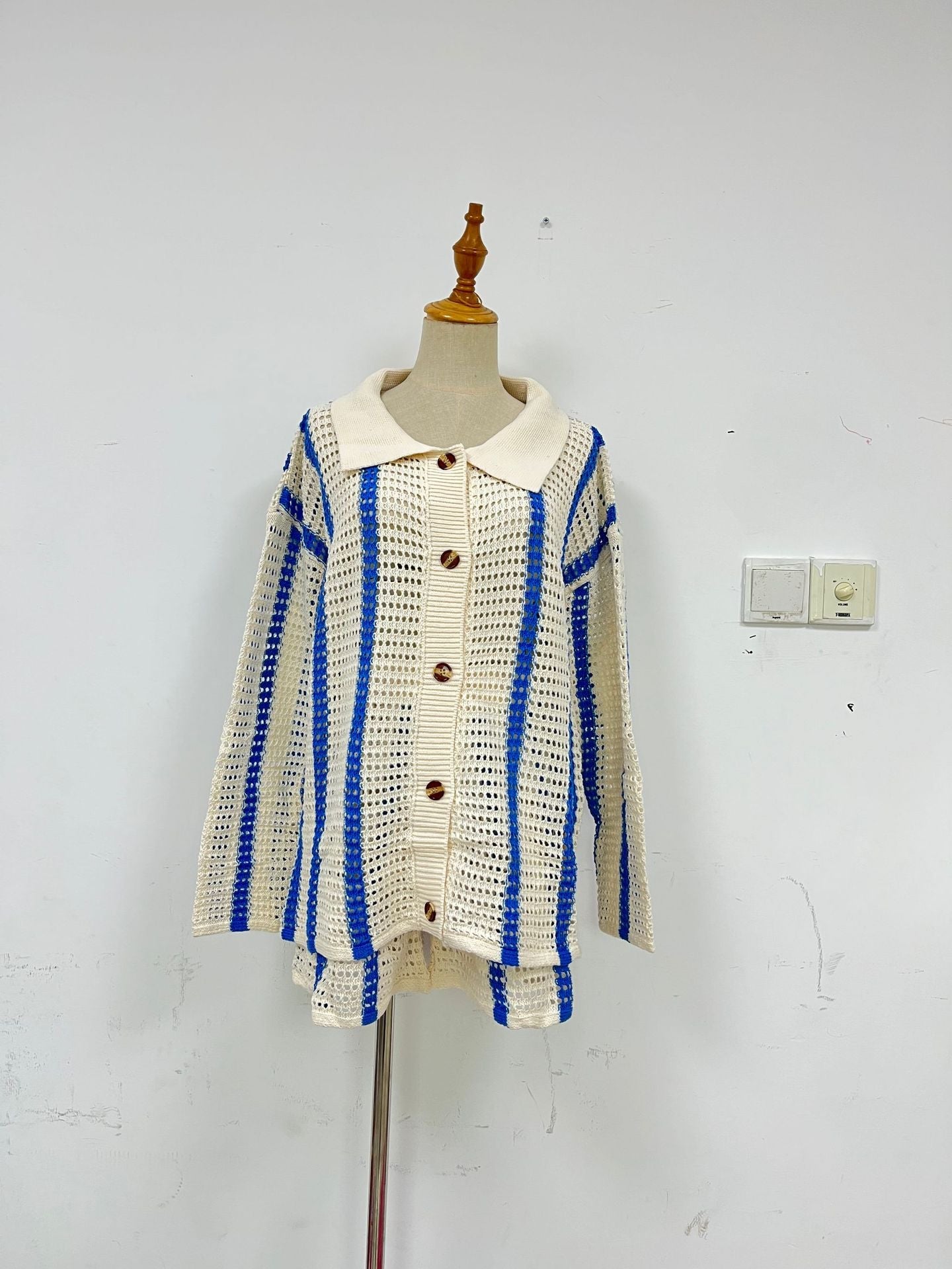 Sweet Casual Striped Hollow Out Cutout Two Piece Knitted Cardigan Coat