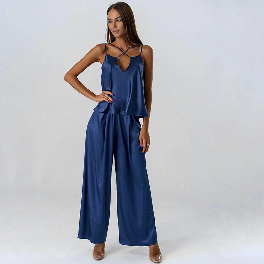 Pyjama en soie artificielle, confortable et frais, bretelles, pantalon, couleur unie, vêtements d'intérieur