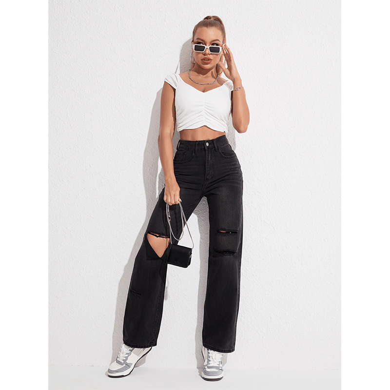 Jeans Schwarz Zerrissene Gerade Freizeithose Street