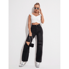 Jeans Schwarz Zerrissene Gerade Freizeithose Street