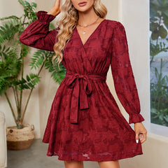 Lace Cocktail Party V Neck Wedding Guest Dress Long Sleeve Waist Belt Dress