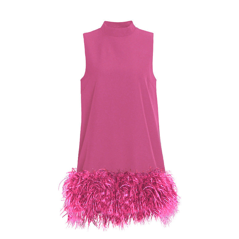 Australian BrShort StCollar Sleeveless Solid Color Stitching Hem Feather Dress