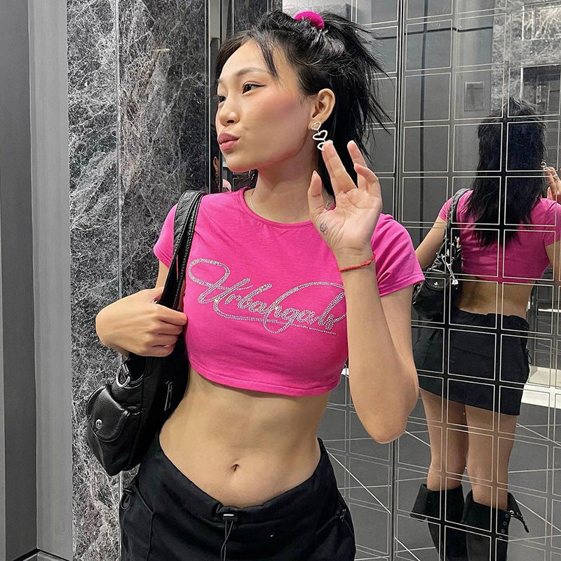 Round Neck Rhinestone Letter Graphic Short Top Niche Casual All Match T shirt