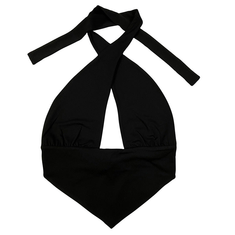 off the Shoulder Solid Color Black Criss Cross Base Slim Fit Backless Halter Hollow Out Cutout Camisole Bow Tube Top