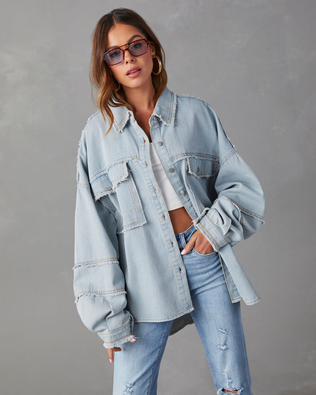 Casual Denim Jacket Washed Solid Color Mid Length Jacket