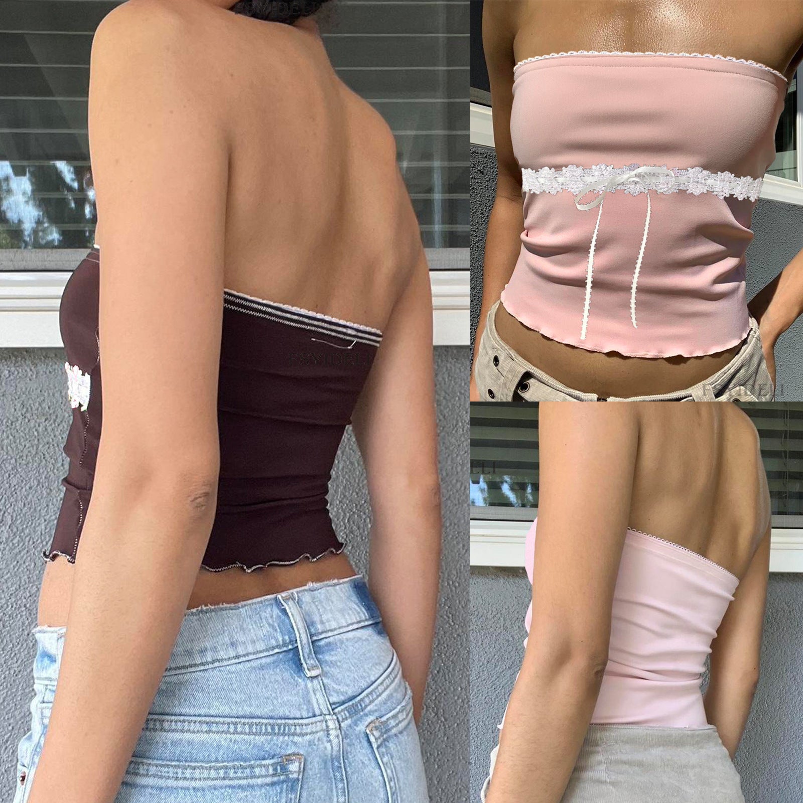 Tube Top Sleeveless Beauty Back Slim Fit Solid Color Lace Backless Top
