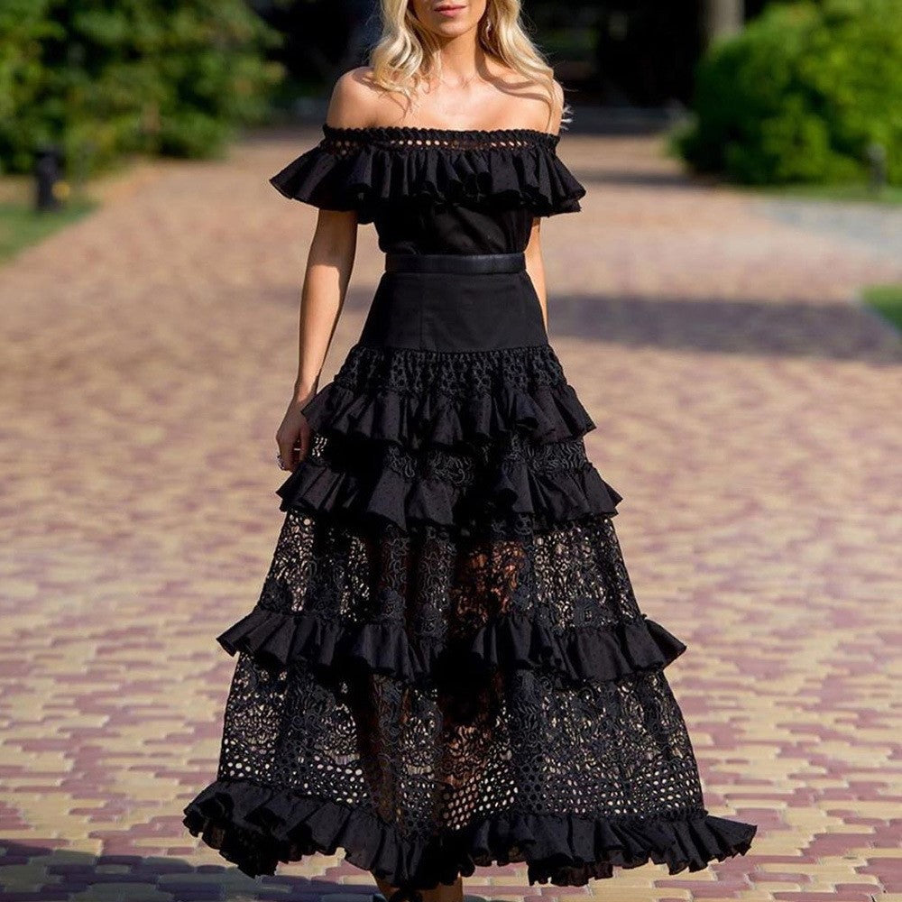 off-Shoulder Ruffled Hollow Out Cutout Wide Hem Lace Dress