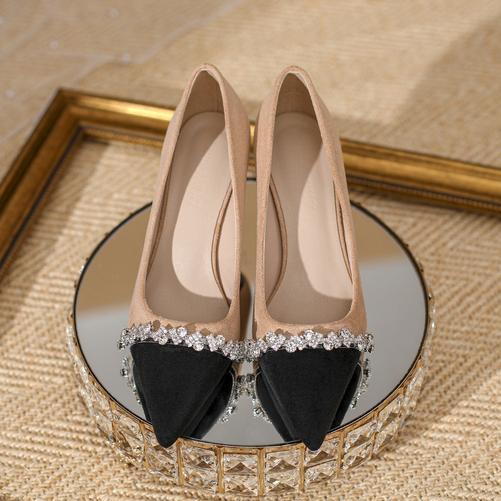 Women's Pointed Toe Shining Rhinestone Suede Black