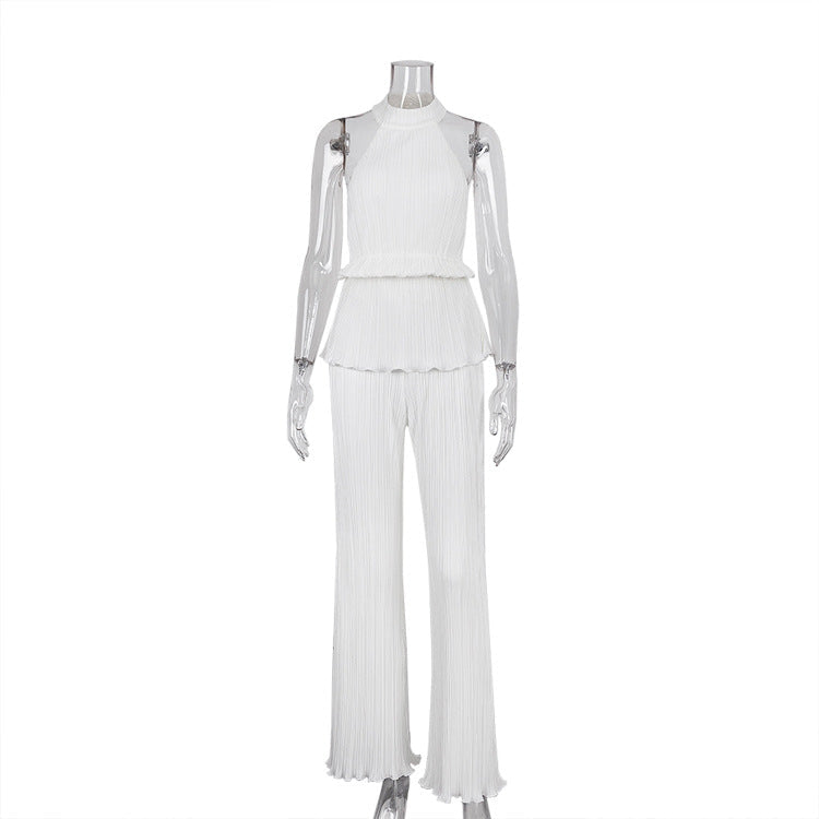 Halter Backless Sleeveless Vest White Pleated High Waist Wide Leg Pants Suit textured