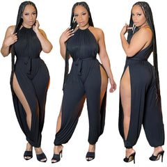 Solid Color Suspenders Split Jumpsuit (Including Waist Lace-up)